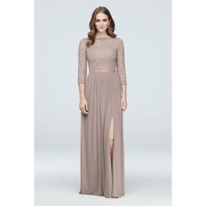 David’s Bridal Three-Quarter Lace and Mesh Bridesmaid Dress